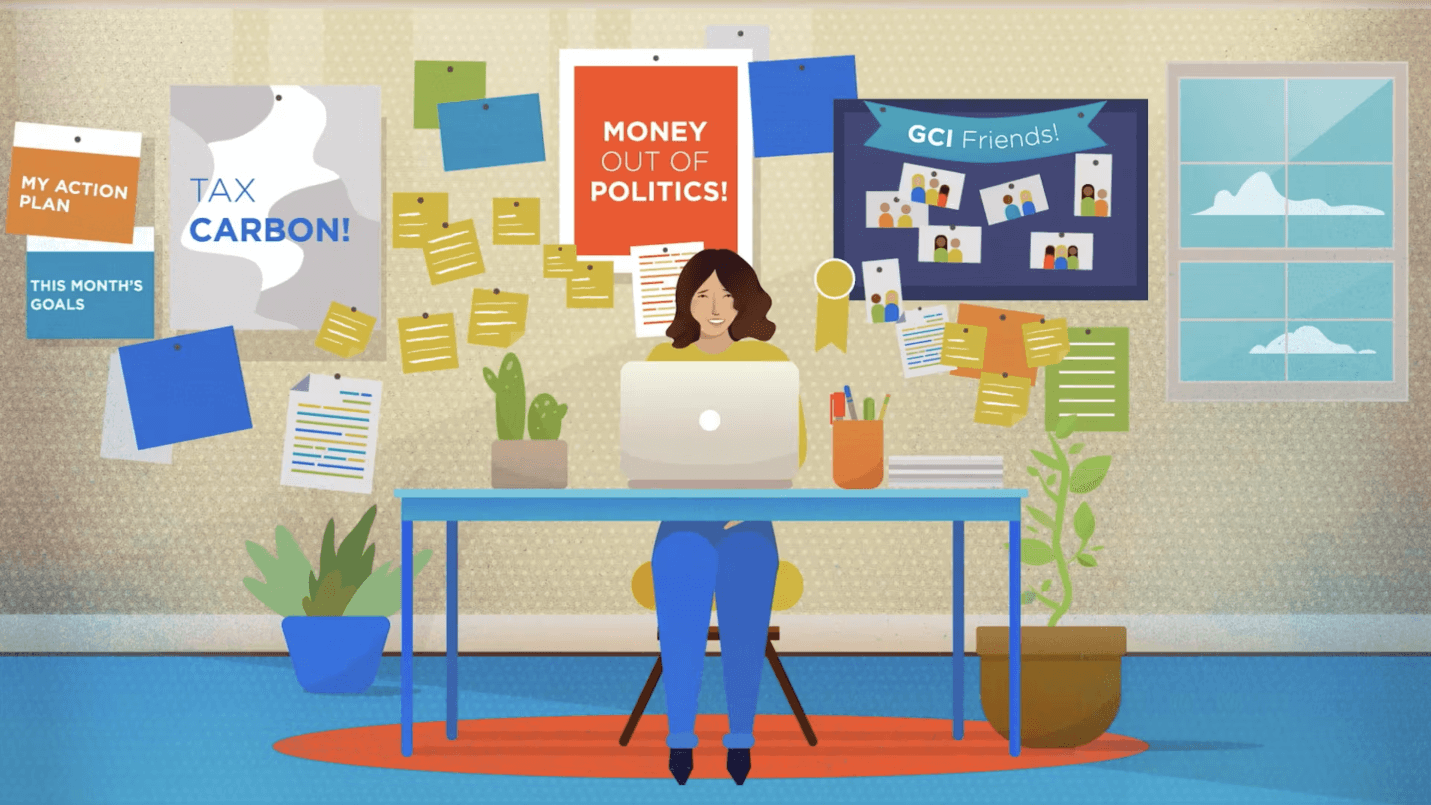 Illustration of a woman in front of her computer with course messages behind her