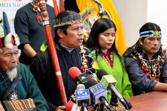 leaders of sarayaku speaking to the press in ecuador in 2011